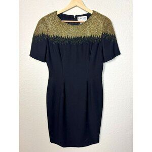 Vintage Oleg Cassini Black Tie Dress Black Gold Beaded Size 10 Short Sleeves